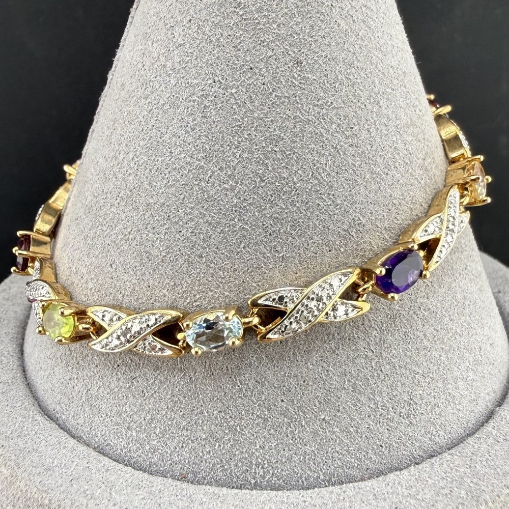 PAJ Tennis Bracelet Rainbow Gold Tone Rhinestone 7"